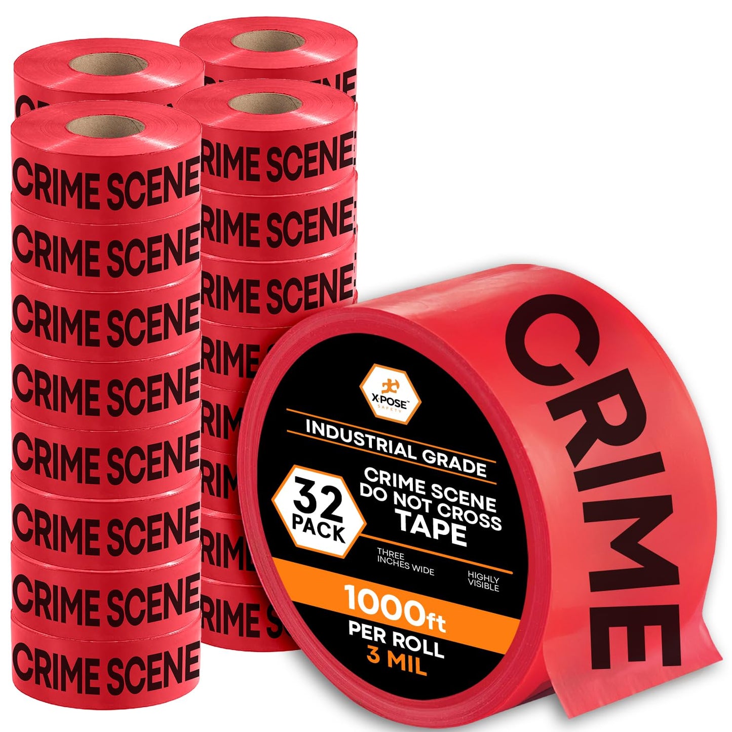 Xpose Safety 3 Mil Red Crime Scene Do Not Cross Tape – (32 Rolls) – 3" x 1000' High-Visibility Barricade Tape for Construction Sites, Hazards, Crime Scenes