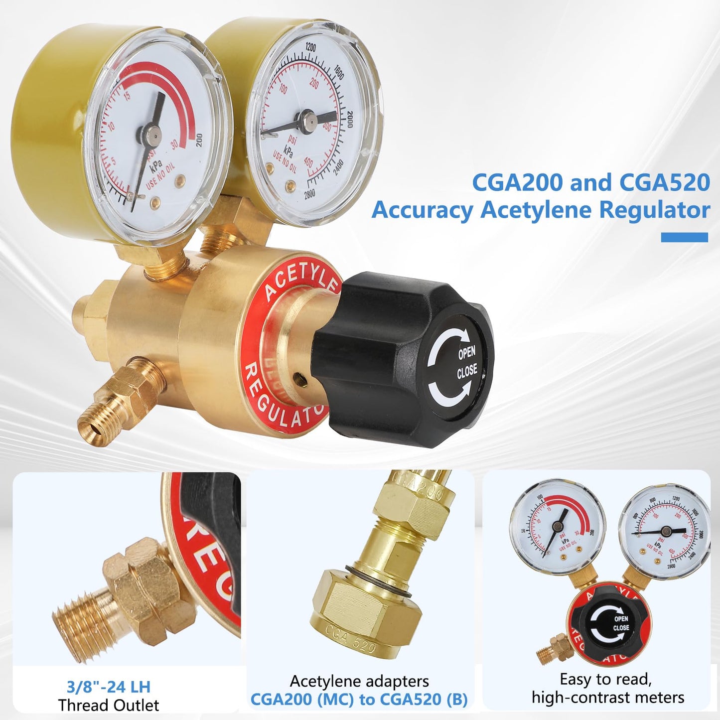 Professional Air Acetylene Torch Kit Fuel Gas kit 11 pieces Turbo Torch Kit Include CGA 200 Acetylene Regulator,G-4 Handle, AH-12 Hose, A-3, A-5, A-11, A-14 tips, Adaptor CGA200 (MC) To CGA520 (B)