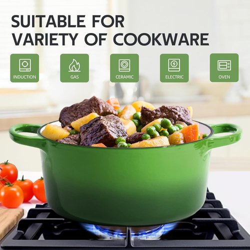 Le Creuset 6 Quart Enameled Cast Iron Dutch Oven - Versatile Green Pot with Dual Handles & Lid