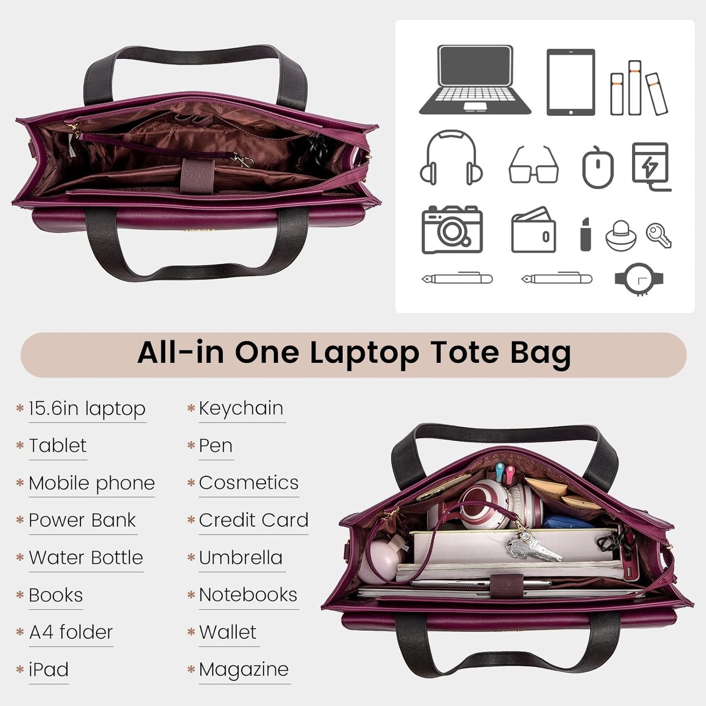 LOVEVOOK 15.6 Inch Laptop Bag for Women Tote Work Professional Leather Computer Briefcase Waterproof Handbag Shoulder