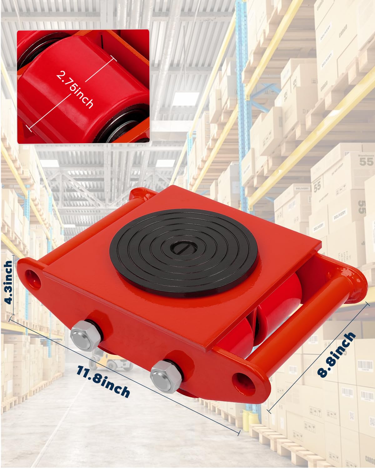 FAHKNS Machinery Mover 6T 13200LB Capacity Machinery Skate 4 Wheels Dolly Skate Roller with 360 Degree Rotation Cap for Warehouse Workshop Factory, Red