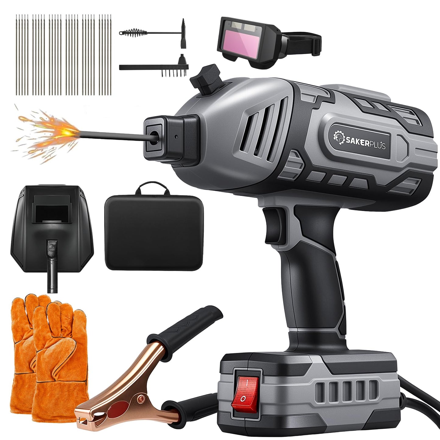 Sakerplus Portable Welding Machine, Handheld Welder Machine 110V, ARC Portable Welder with IGBT Inverter 5 Variable Current Adjustment, 30pcs 3/32" Wire Rods, Welding Helmet, Carrying Case Included