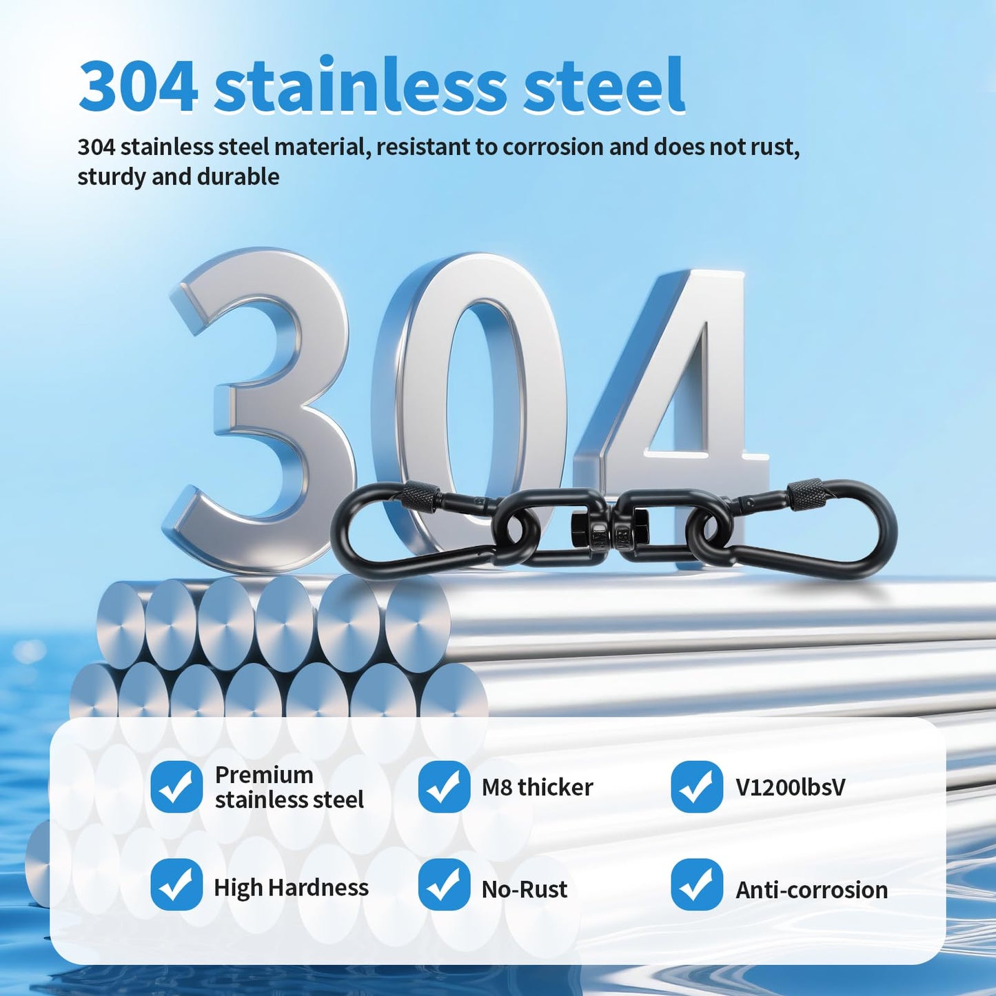 Aheucndg 1200 lb Capacity Heavy Duty Double Ended Eye Hook with Snap Hook, SUS304 Swivel Hooks 1Pack + Snap Hooks 2Pack, for Aerial Yoga, Hanging Hammock, Web Tree Swing, Swing Spinner M8