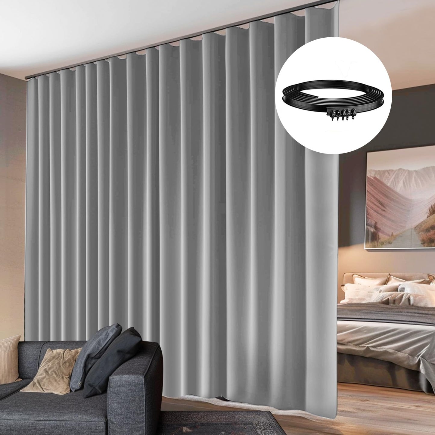 Room Divider Curtains Flexible Ceiling Tracks set Curtain track Ceiling Mount Blackout Curtain for Living Room Bedroom Ceiling Curtain Rod Privacy Dividers Panel W180xH108 Light Grey Drape&Black rail