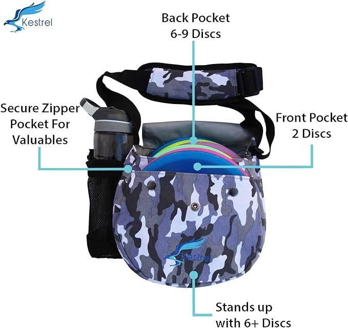 Kestrel Black Disc Golf Bag - Fits 6-10 Golf Discs + Bottle - For Beginner & Advanced Golfers - Extremely Durable Canvas - Frisbee Golf Bag - Small Sling/Shoulder Disc Golf Bag For Men & Women