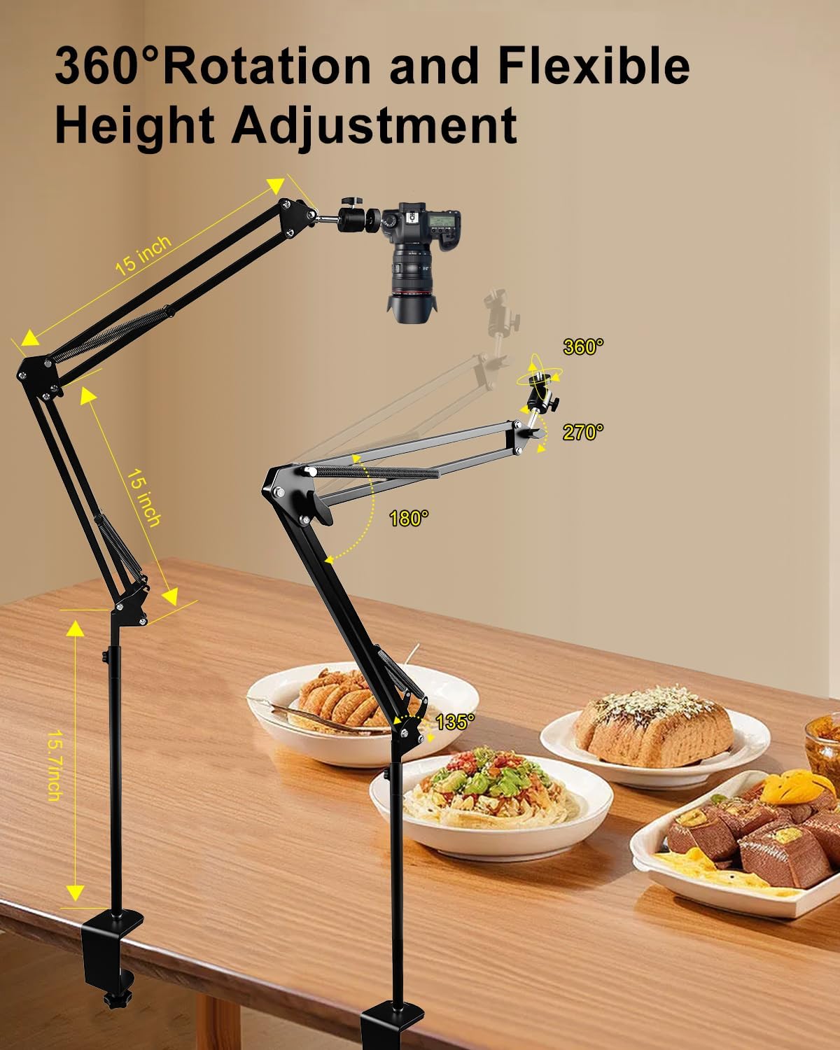 DYVBXS Overhead Phone Mount with Adjustable Arm and Desk Clamp, Camera Desk Mount Fit for DSLR iPhone Webcam Ring