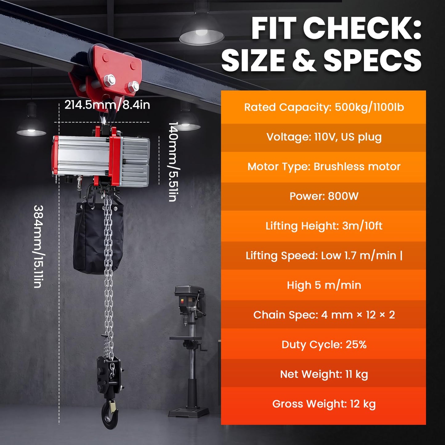 NEWTRY Mini Electric Chain Hoist 1100lb, 11kg Lightweight, 800W Powerful Brushless Motor, 1.7m/min & 5m/min Lifting Speed, 7.5ft Wired Control for Garages, Workshop, Constructions