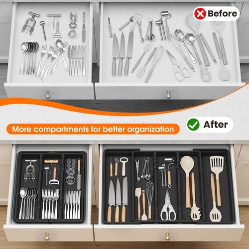 Large Silverware Organizer - Expandable Utensil Drawer Tray | BPA-Free Cutlery Holder in Black