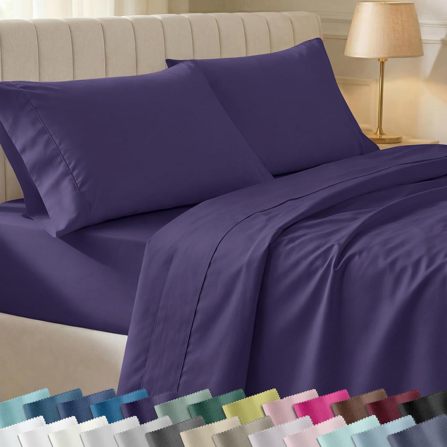 California Design Den Full Size Cotton Sheet Set - 400 TC Silky Smooth Sateen Weave, Deep Pockets - Purple