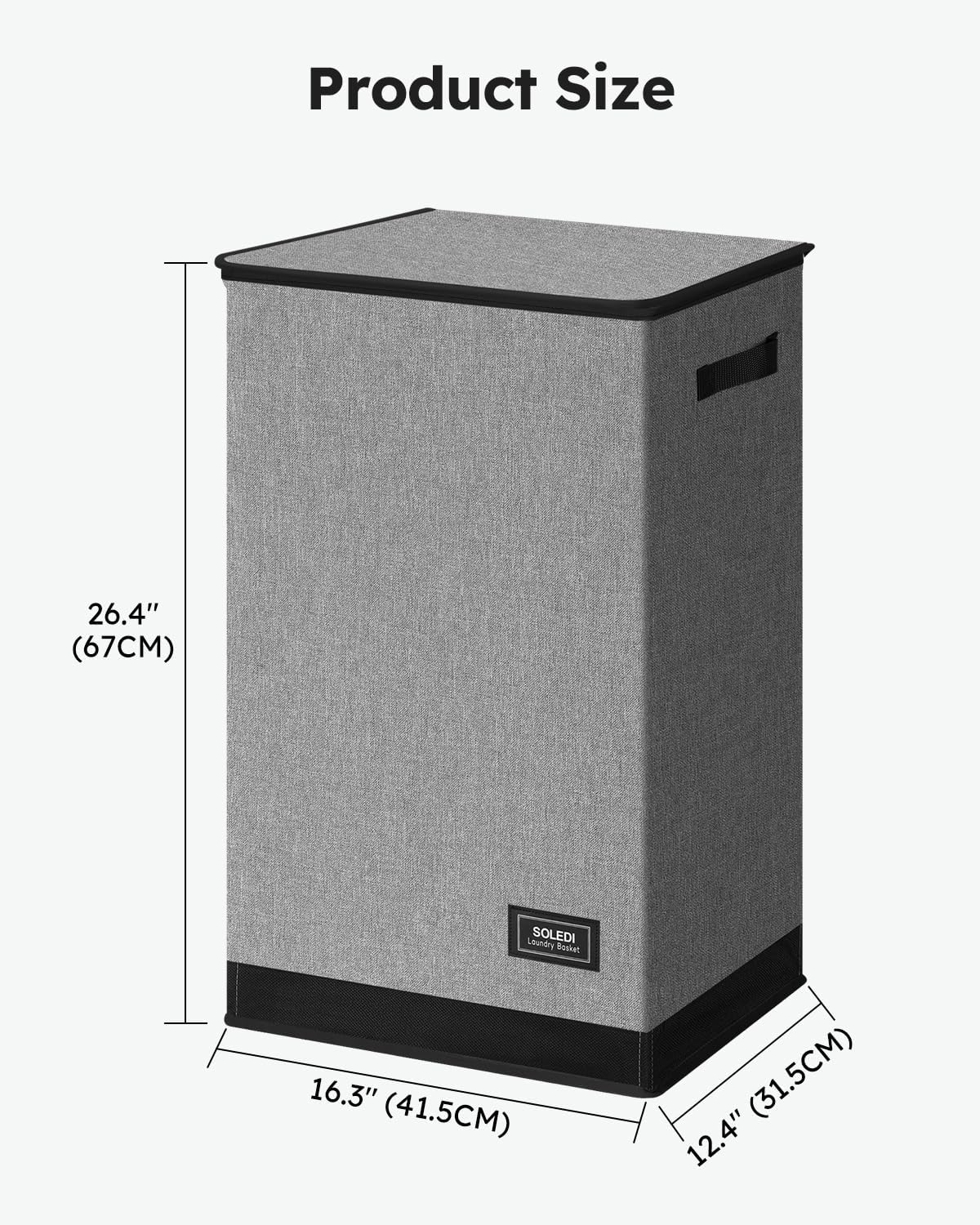 SOLEDI Laundry Hamper - 90L Large Collapsible Basket with Lid & Removable Bag - Grey