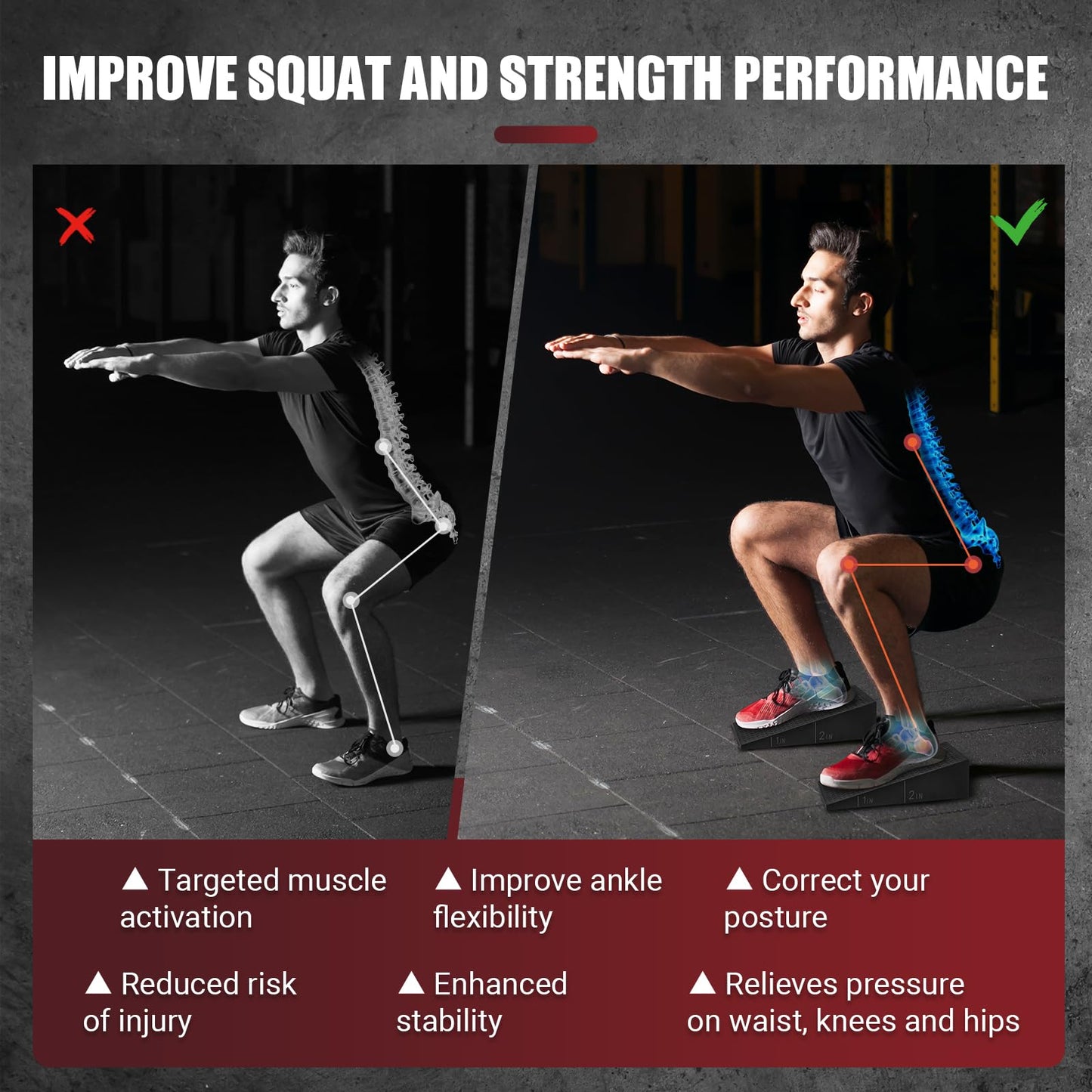 Squat Wedge Block, 2 Pcs Non-slip Heel Elevated Squat Wedge for Weightlifting Workout with Storage & Training Poster, Slant Board for Squats to Improve Squat Mobility Balance & Strength Performance