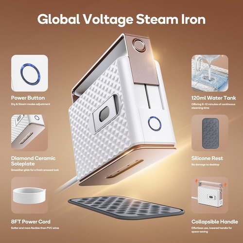 Newbealer Travel Steam Iron - Handheld Steamer with Global Voltage, Non-Stick Soleplate & Auto-Off Feature