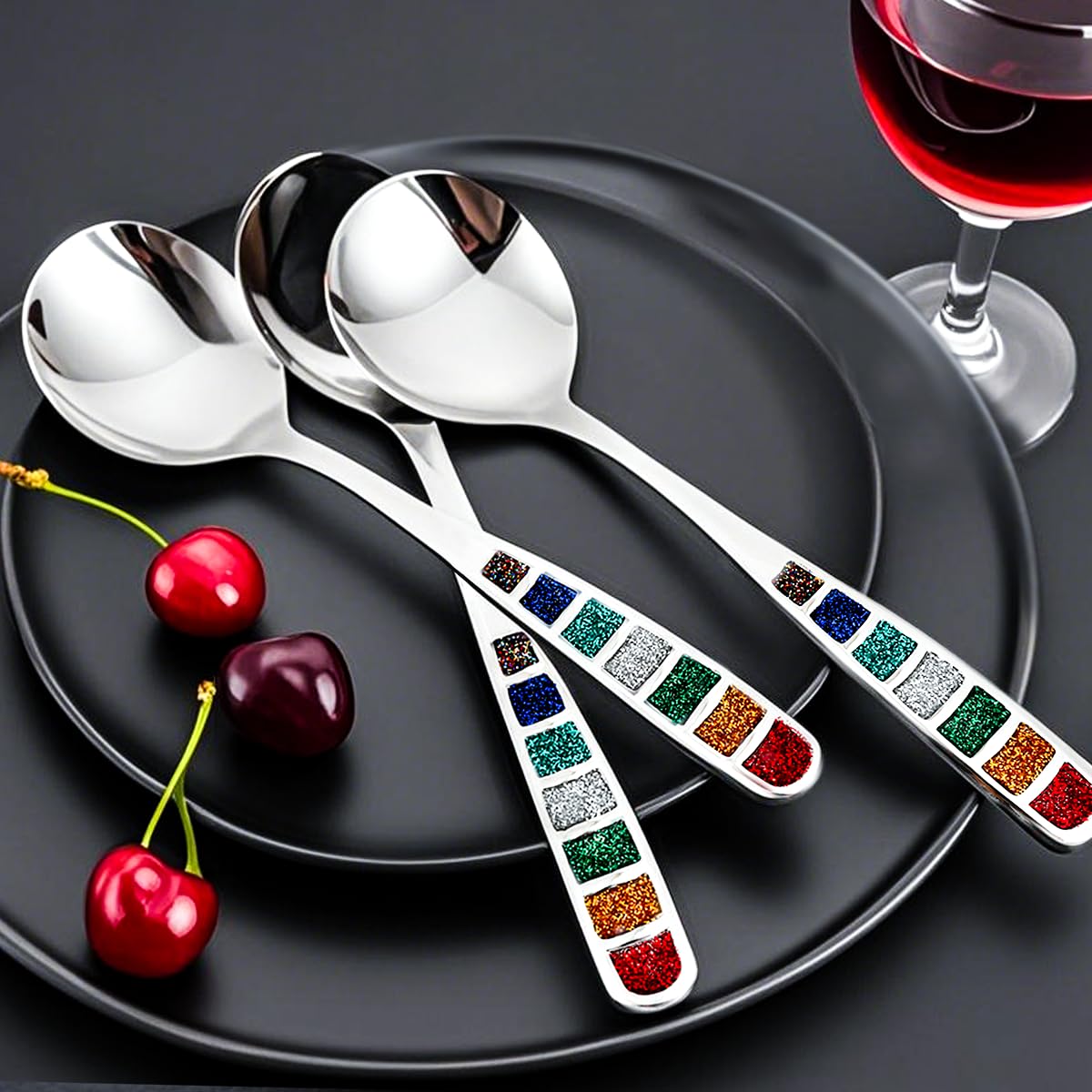 YIHOR Premium 7.24" European Soup Spoons, Stainless Steel creative colorful enamel spoon drinking spoon, Dishwasher Safe Disinfection cabinet Set of 6