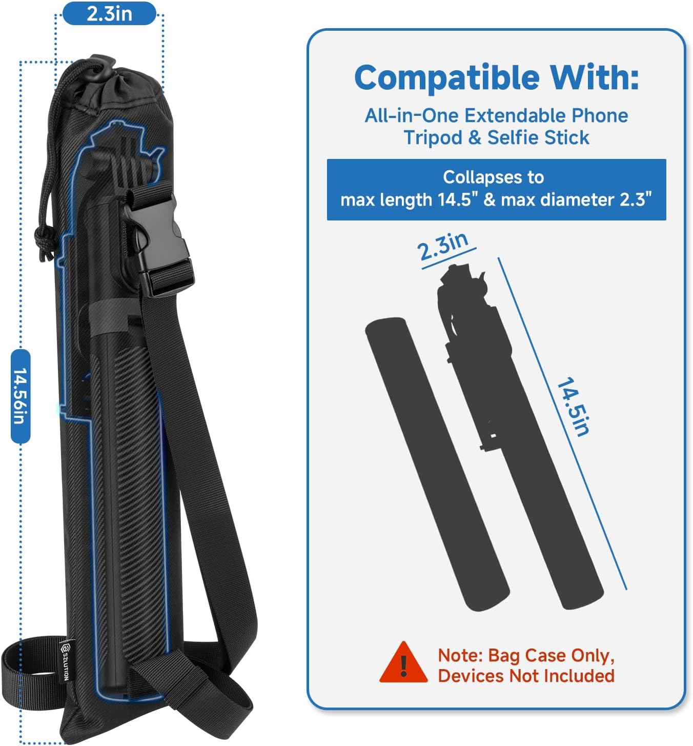 14.5" Travel Carrying Case for Selfie Stick All in One Extendable Cell Phone Tripod Stand with Remote, Nylon Monopod