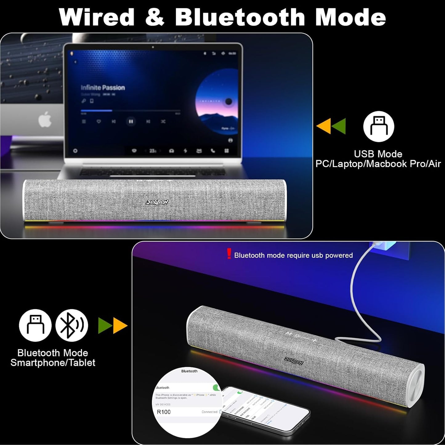 SOULION R100 Bluetooth Computer Speakers with Dynamic LED Light, USB Plug & Play PC Speakers with Switch Button