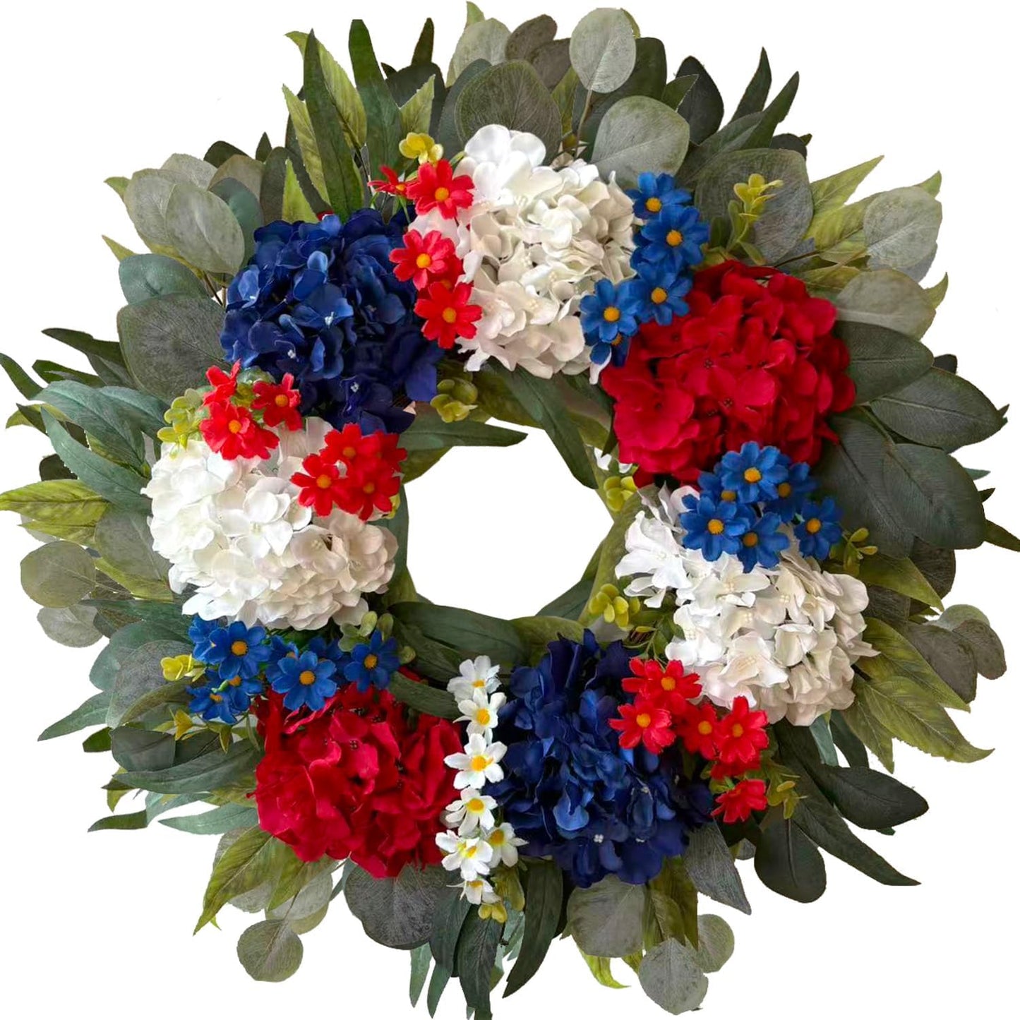 WANNA-CUL Patriotic 24-Inch Hydrangea Wreath - Red, White & Blue 4th of July Decor for Indoors & Outdoors
