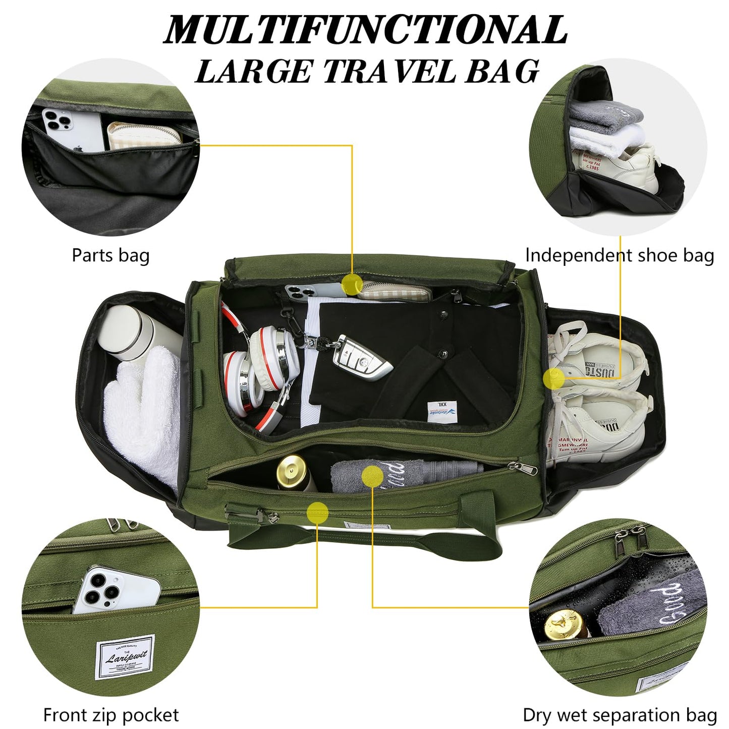 Laripwit Gym Bags for Men, 40L Medium Sports Travel Duffel Bag with Shoe Compartment & Wet Pocket Lightweight Gym Duffle Bag Backpack Multipurpose Weekender Overnight Backpack for Women, Green