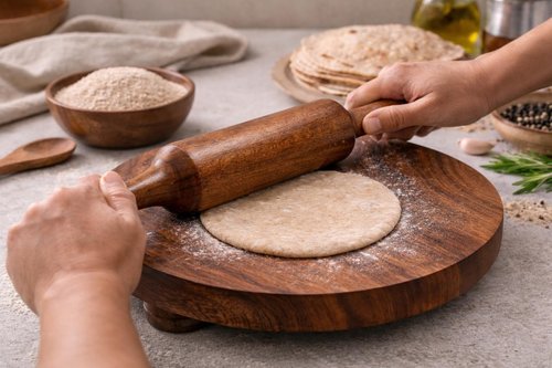 ARTISENIA Wooden Chapati Chakla Belan Set – 9 Inch Round Roti Rolling Board with Rolling Pin | Handmade Wooden Roti Maker | Kitchen Utensil for Rolling Chapati, Paratha, Puri & Dough