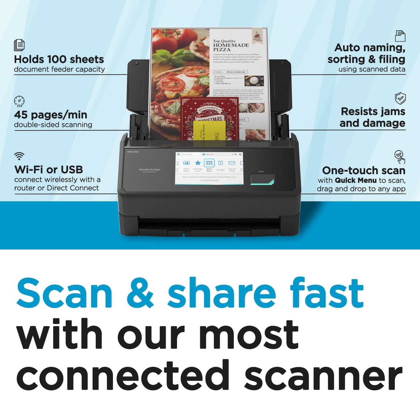 ScanSnap iX2500 Wireless or USB High-Speed Cloud Enabled Document, Photo & Receipt Scanner with Large 5" Touchscreen and 100 Page Auto Document Feeder for Mac or PC, Black