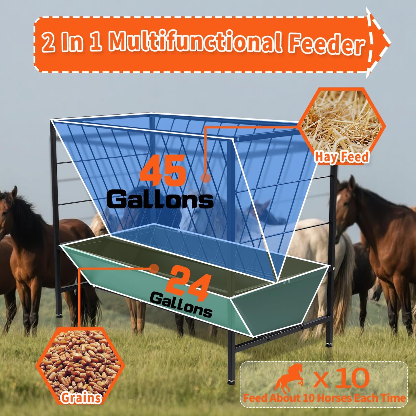 Yahpetes Pasture Hay Feeder 2 in 1 Goat Feeder 69 Gallon Capacity Livestock Rack 42.9''L X 20.5''W Hay Grain Livestock Feeder with V-Shaped Top Rack & Feed Pan for Sheep Farms Sheds