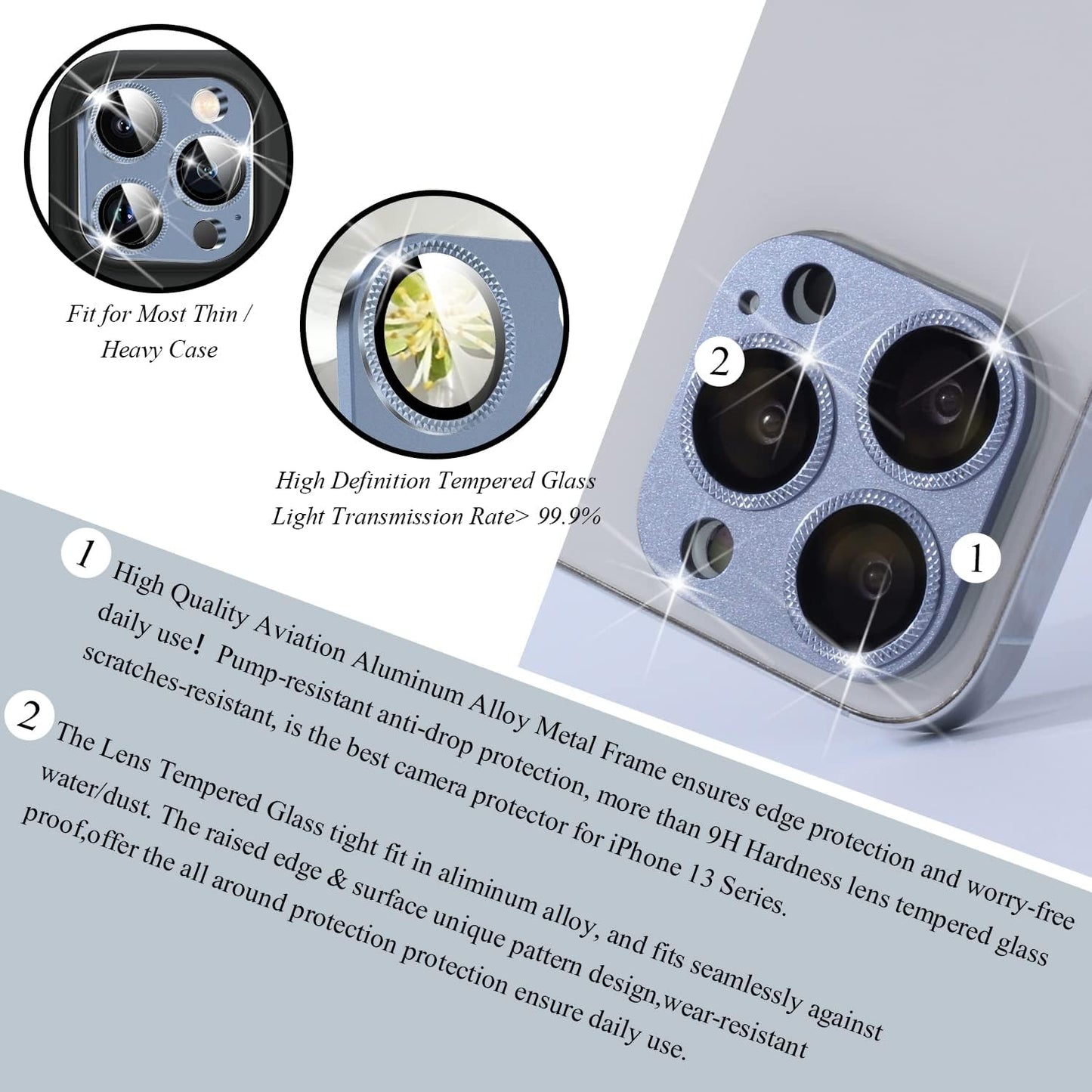 2 Pack 13 10 Camera Lens Protector Compatible for iPhone Pro/Max, Aluminum Alloy Metal & H Tempered Glass