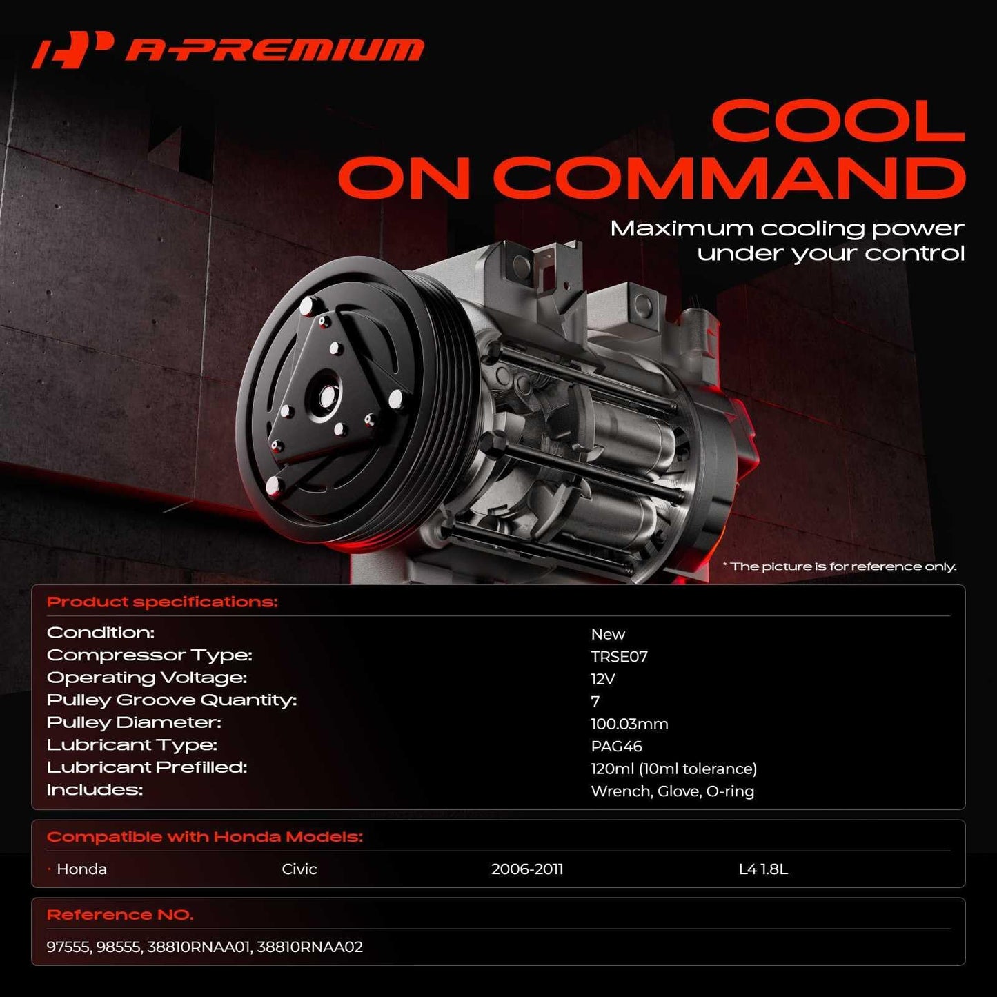 A-Premium Air Conditioner AC Compressor with Clutch Compatible with Honda Civic 1.8L 2006-2011, Replaces# 38800-RNA-A01, 38810RRBA01 38800RNBA02 38800-RNB-A02