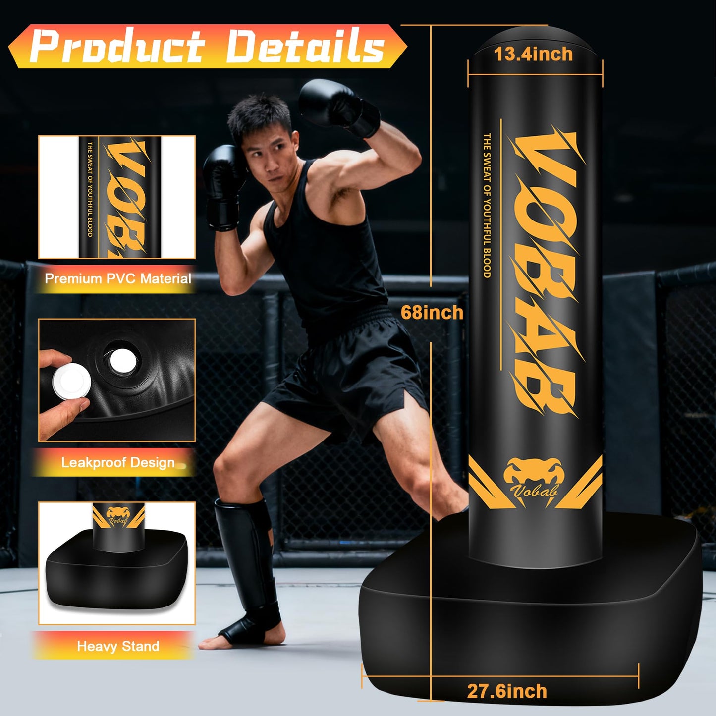 Freestanding Punching Bag with Gloves, 70'' Superior Boxing Bag with Stand for Adults & Teens, No Drill Kickboxing Bags for Men Women Beginners Training MMA, Muay Thai, Karate & Home Fitness