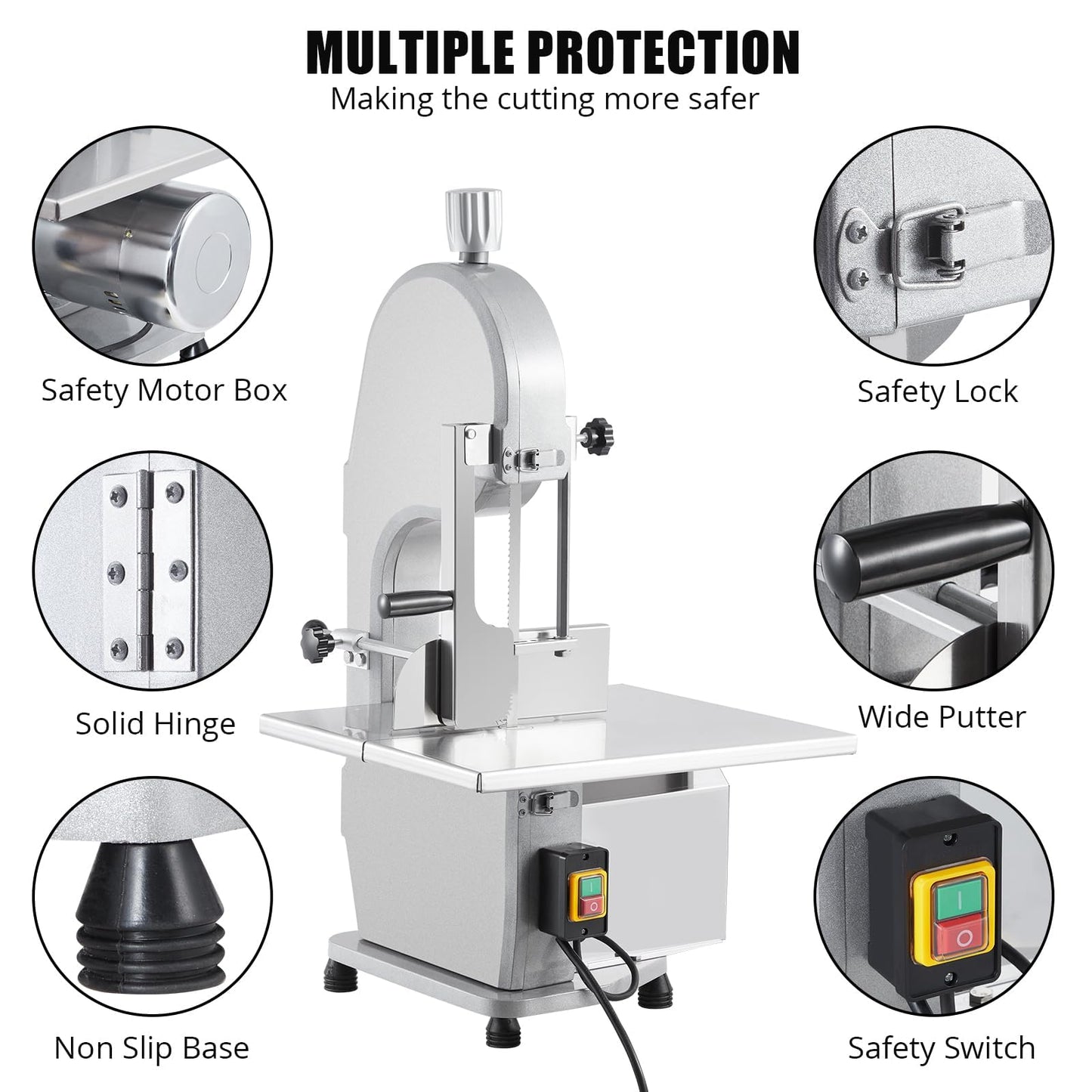 1500W Commercial Electric Bone Saw Machine, Frozen Meat & Bone Cutter with 5 Saw Blades, Adjustable 0.16-7.09 Inch Thickness, 19.3"x15" Stainless Work Table for Butcher Shops, Restaurants, Supermarket