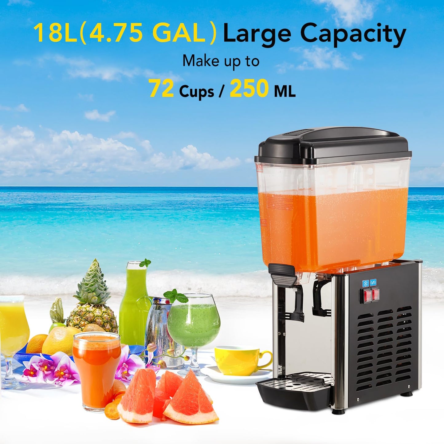 Commercial Beverage Dispenser, 4.8 Gallon 18L Single Tank 150W Commercial Juice Dispense, Food Grade Material Stainless Steel, Drink Dispenser for Parties, Restaurants & Hotels