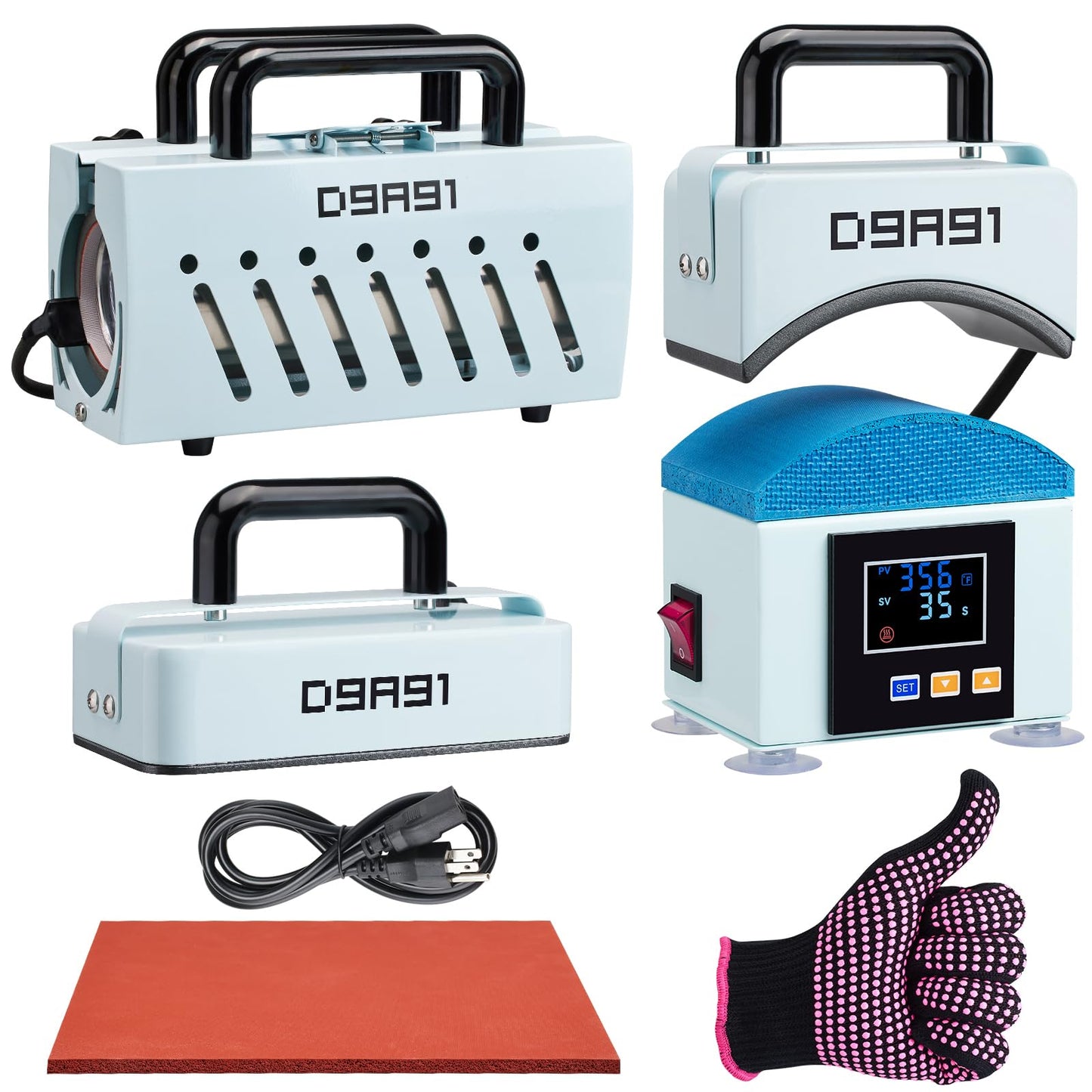 D9A91 3 in 1 Heat Press Machine, Hat Press Machine and Tumbler Heat Press Machine. for Caps, T-Shirt & More, 11-30oz Mug Press, Heat Up Fast and Even,No Crease, LCD Digital Temperature -Light Blue