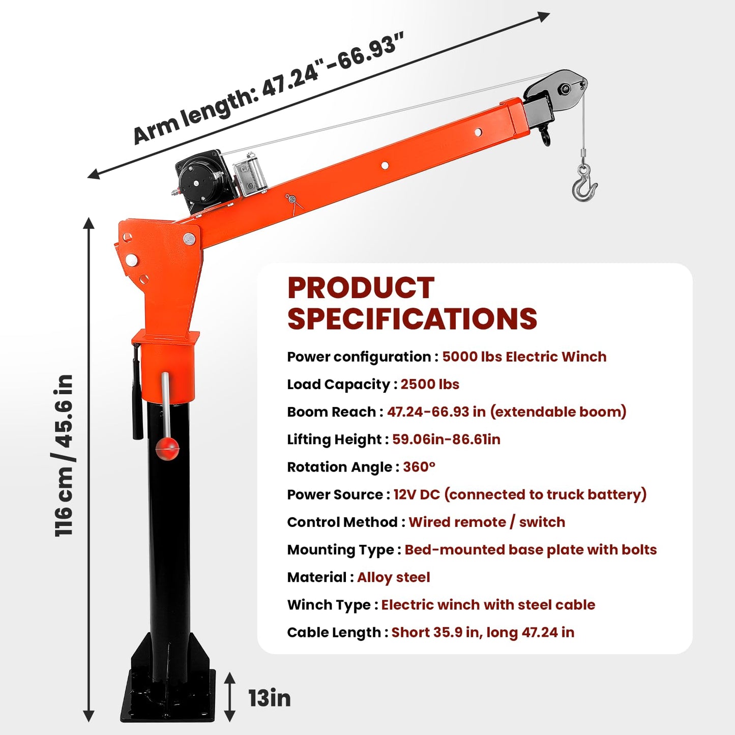2500 lbs Dismountable Household Hoist Truck Crane | 5000 lbs Electric Winch | Foldable Truck-Mounted Bed Crane | 360° Swivel Jib Crane for Construction, Industrial & Warehouse Lifting