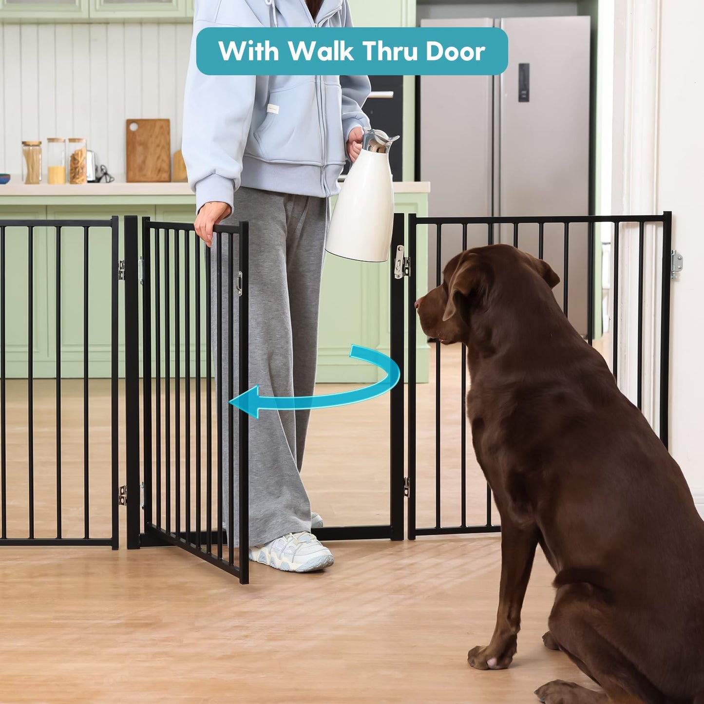 No Pawblems Free Standing Dog Gate with Door, 30'' Tall Foldable Dog Fence for Indoor & Outdoor, Up to 156 Inch Extra Wide Pet Gate for Yard, Deck, Doorways, Stairs, Hallways (Black, 6 Panels)