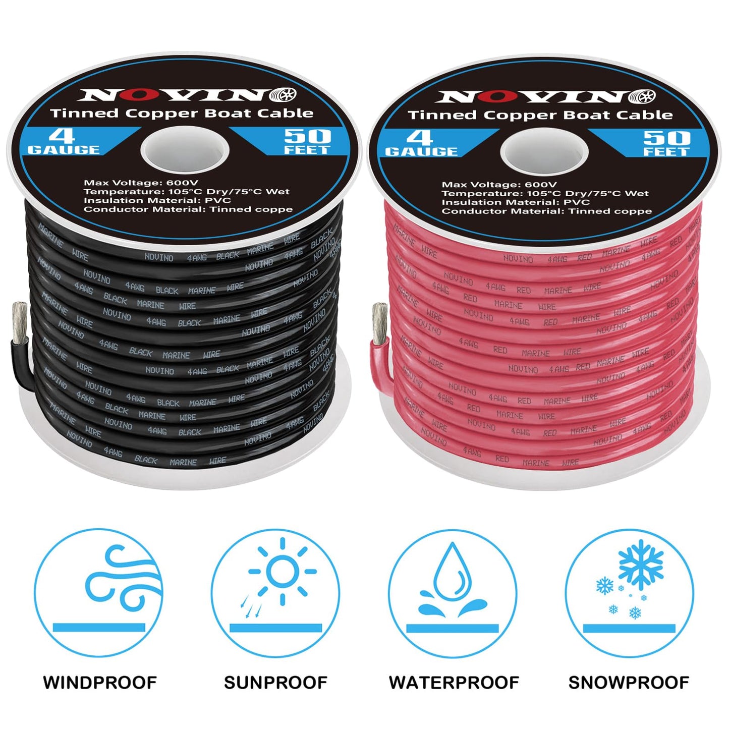 4 Gauge Marine Wire Include 4AWG 50FT Red & 50FT Black,4 Gauge Marine Grade Wire Tinned Copper Electrical Cable for Boat Automotive Speaker Battery Lighting Solar Panel Outdoor