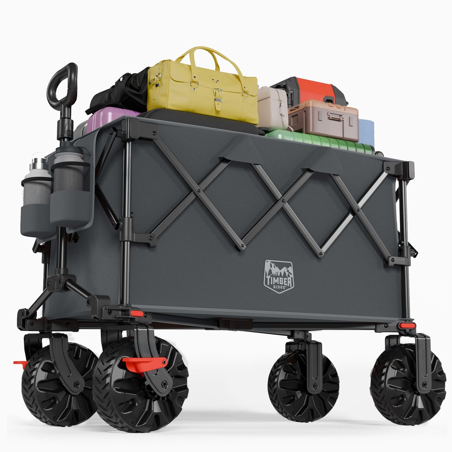 Timber Ridge Outdoor Collapsible Wagon with Brakes Utility Folding Cart Heavy Duty All Terrain Wheels for Shopping Camping Garden with Side Bag and Cup Holders, Grey