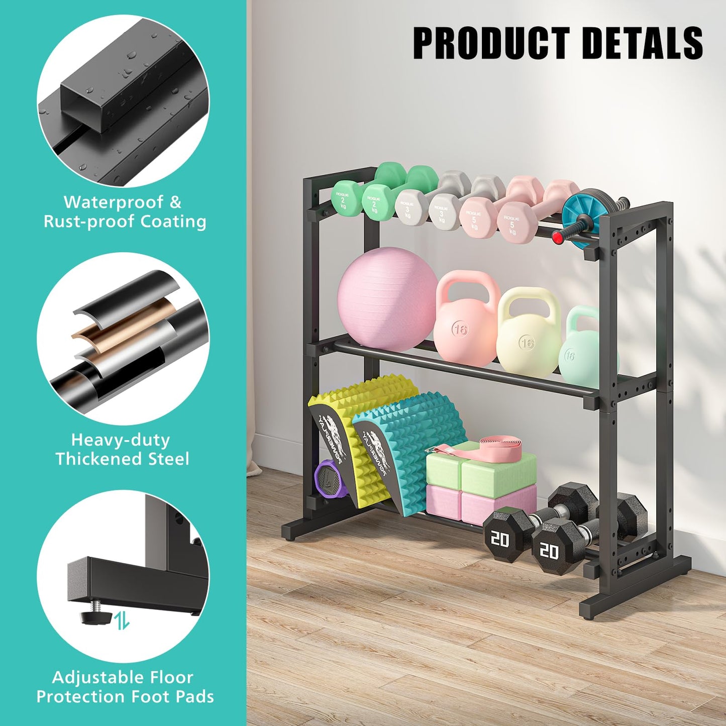 Kificet 3 Tier Adjustable Dumbbell Rack, 33.6-Inch Weight Rack for Home Gym, Extended Base kettlebell holder for Home Gym, Space-Saving Dumbbell Stand - 900LBS Capacity (Rack Only)