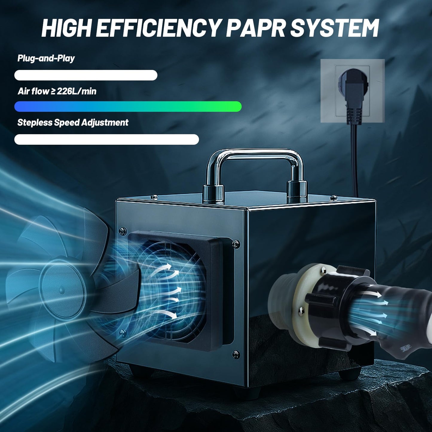 HANUU Portable PAPR Respirator System - High-Efficiency Powered Air Purifying Respirators with 33ft Long Hose - Large Airflow Supplied Air Respirator for Tunnel Construction Industrial