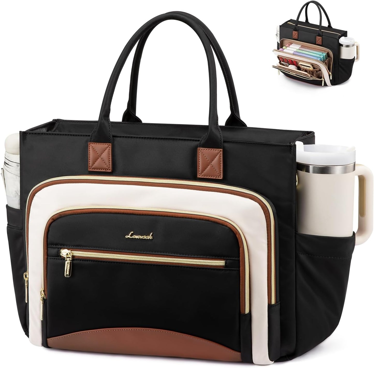 LOVEVOOK Work Tote Bags for Women,Laptop Tote Bag for Women With Large Cup Holder,Teacher Nurse Bags With Accordion