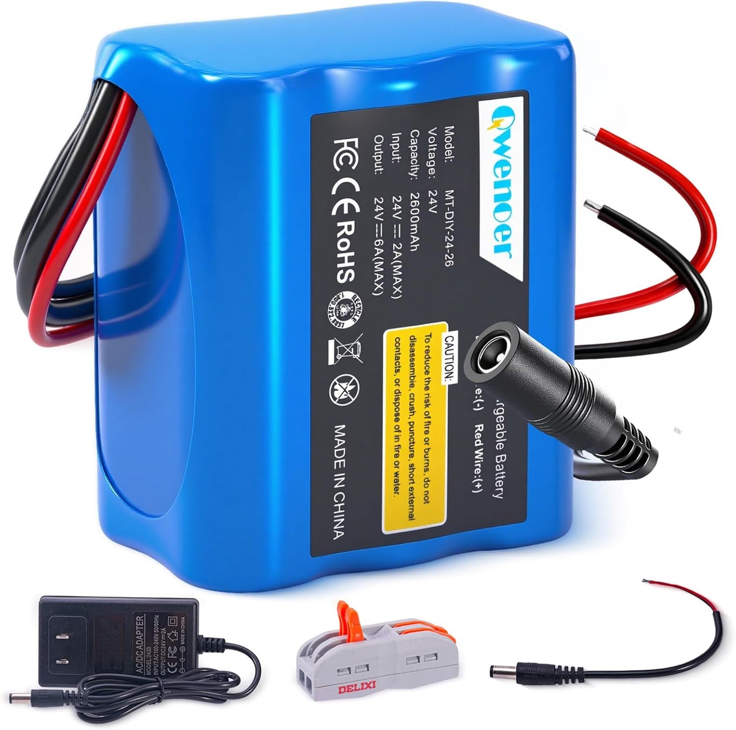 Qwenoer 24V 2.6Ah 24V Lithium Battery, Rechargeable Li-ion Battery with Charger, Bare Leads Wire, Cable Connector