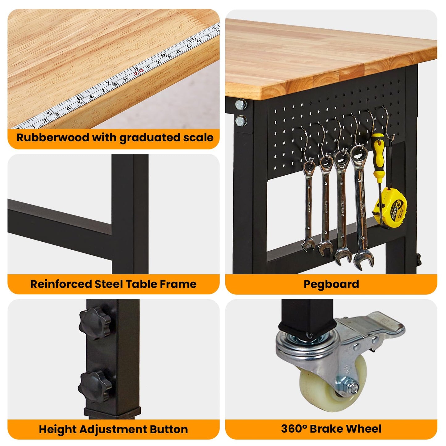 48" Adjustable Workbench, 8-Level Height Adjustable Rolling Work Table with Casters & Scale, Sit & Stand 2-in-1 Garage Tool Table with Pegboard & Hooks, for Workshop, Warehouse, DIY Projects