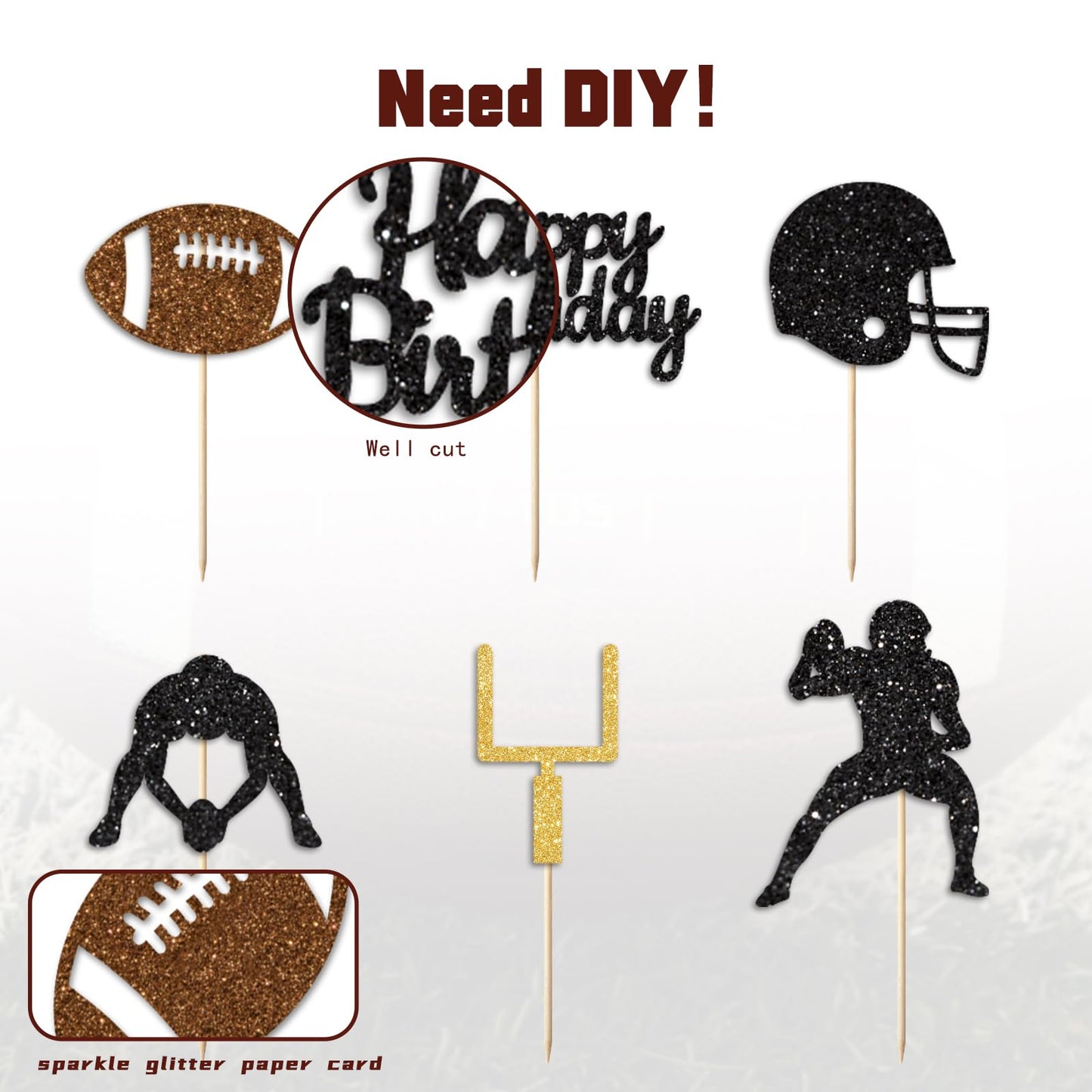 Vofrise 36PC Football Cupcake Toppers for Birthday,Glitter Football Cake Toppers for Boys Birthday Party Decorations Supplies