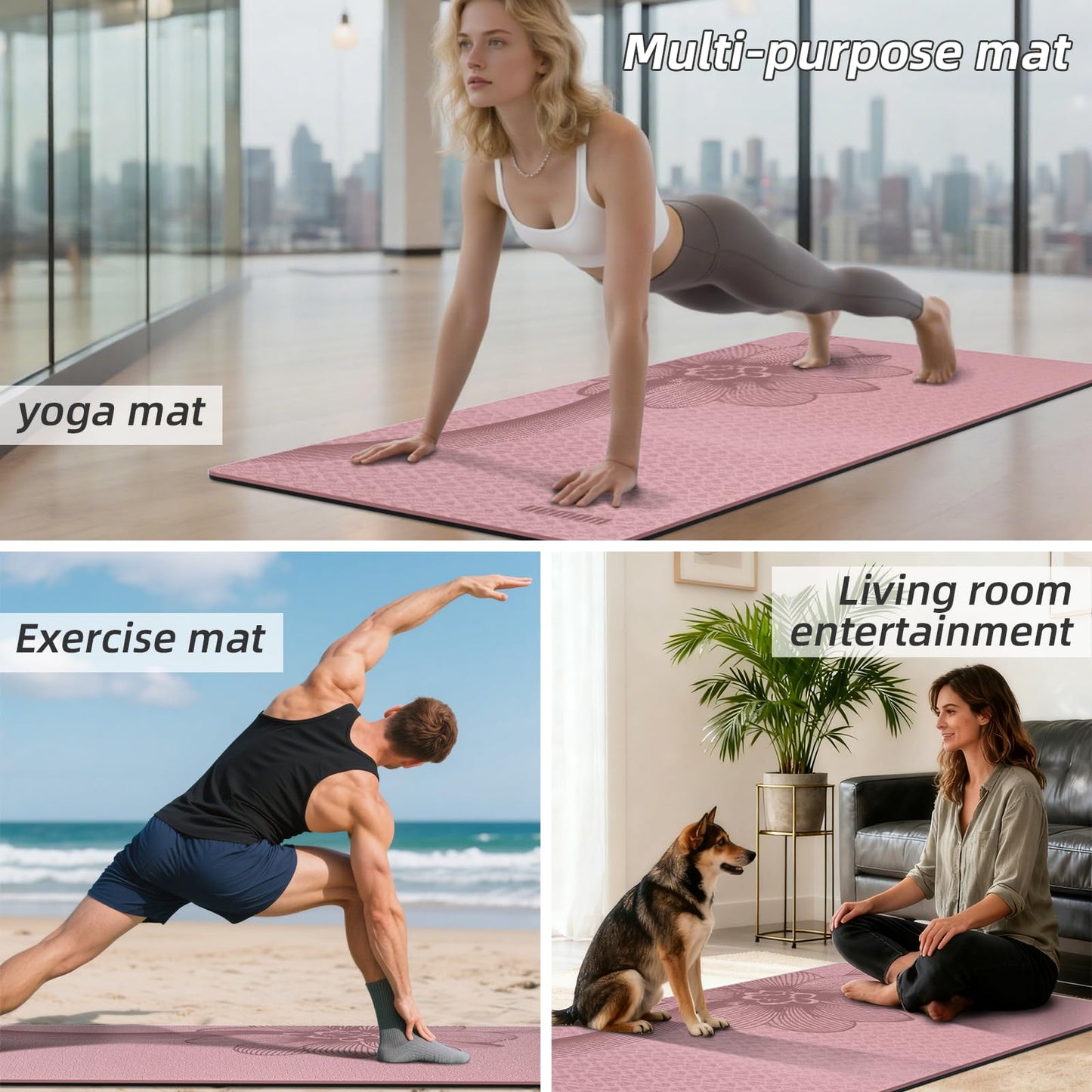 WUWAN Large Yoga Mat 75"x 40"x10mm (2/5 inch) – Extra Thick & Wide, TPE Fitness Mat, Printed Non-Slip Exercise Mat with Carrying Strap for Men & Women, Pilates, Stretching, Fitness & Workout (pink/black)