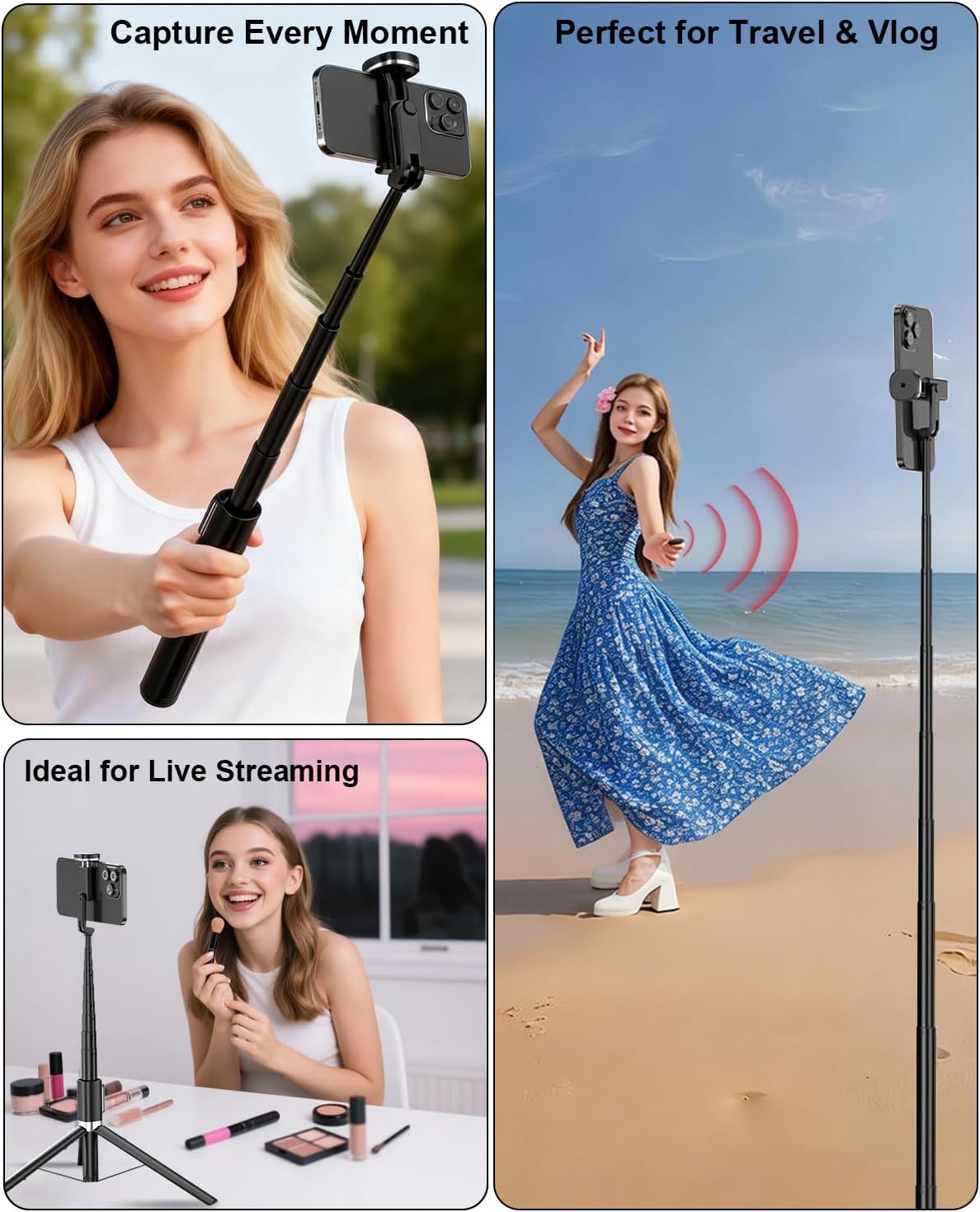 CAMBOFOTO 360 2-in-1 Selfie Stick Tripod,Compact Stand Stable, Rotating Head, Design for Selfies & Hands-Free Shots