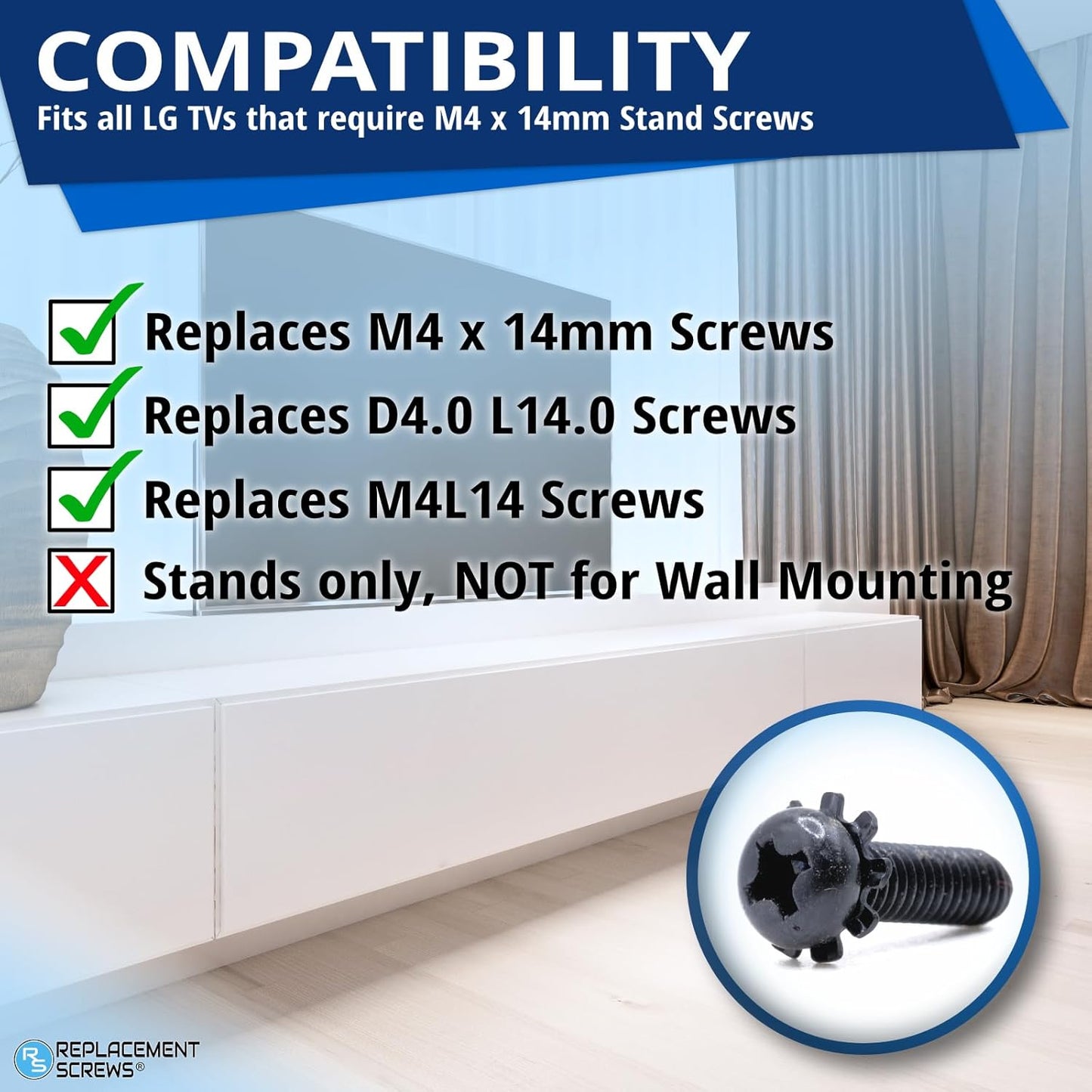 ReplacementScrews M4 14mm (D4.0 L14.0mm) (8) Screws Compatible with Many LG TV Stands
