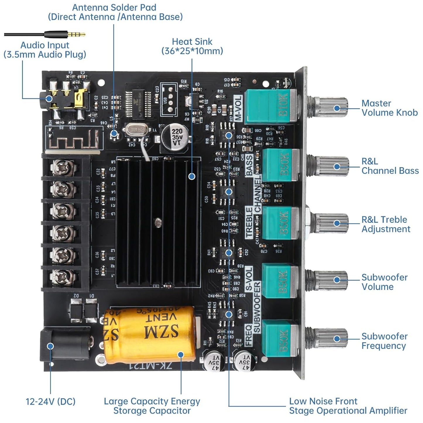 DiGiYes 2.1 50W 2+100W 12V-24V Bluetooth Power Amplifier Board with Subwoofer Channel x DC Audio Power Amplifier Module