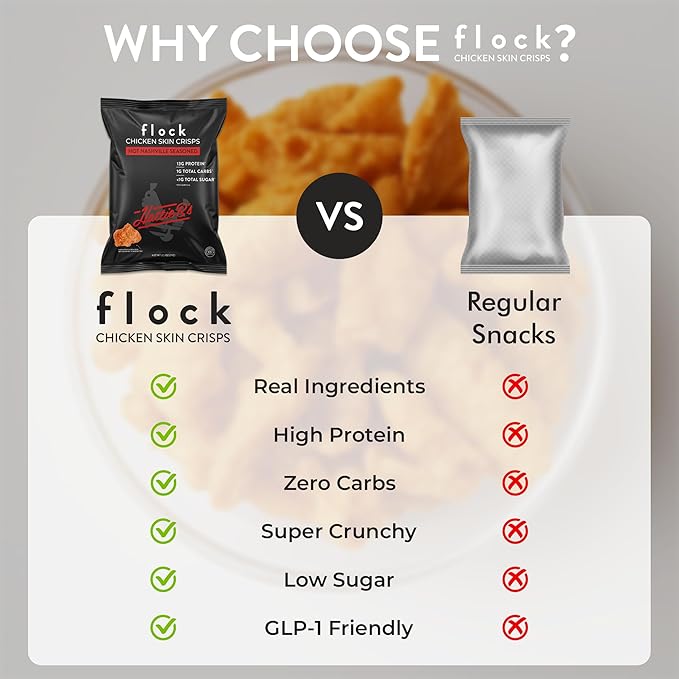 Flock Keto Chicken Skin Chips | Hattie Bs Nashville Hot Flavor | Keto Friendly, Low Carb, High Protein, Flavor Packed, Gluten Free Single Serve Snack | (2.5oz) 4-Pack