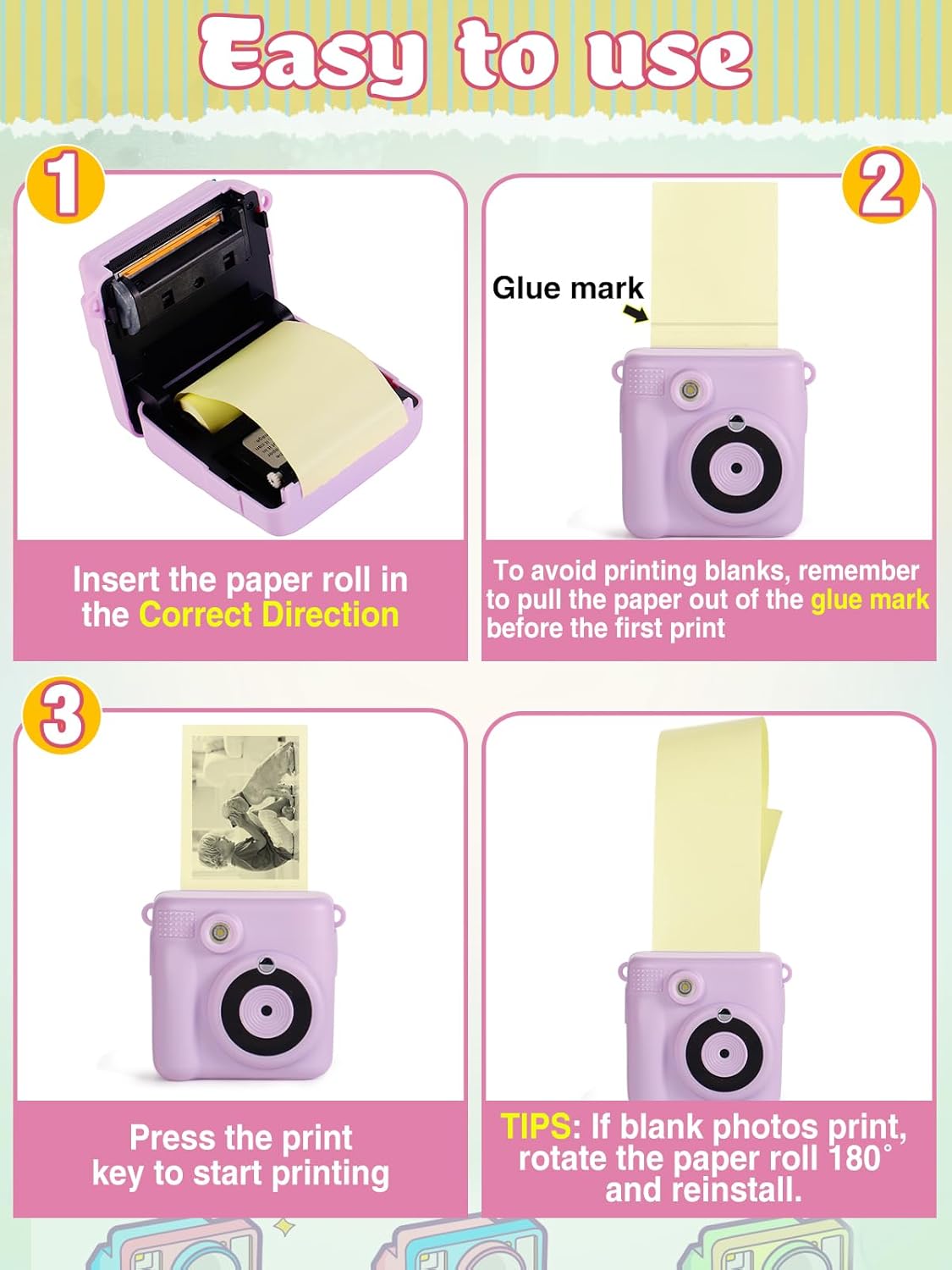 Skiennix Kids Instant Camera Print Refill Paper - Thermal Photo Printer Rolls for Ages 4-10 | Blue, Pink, Yellow