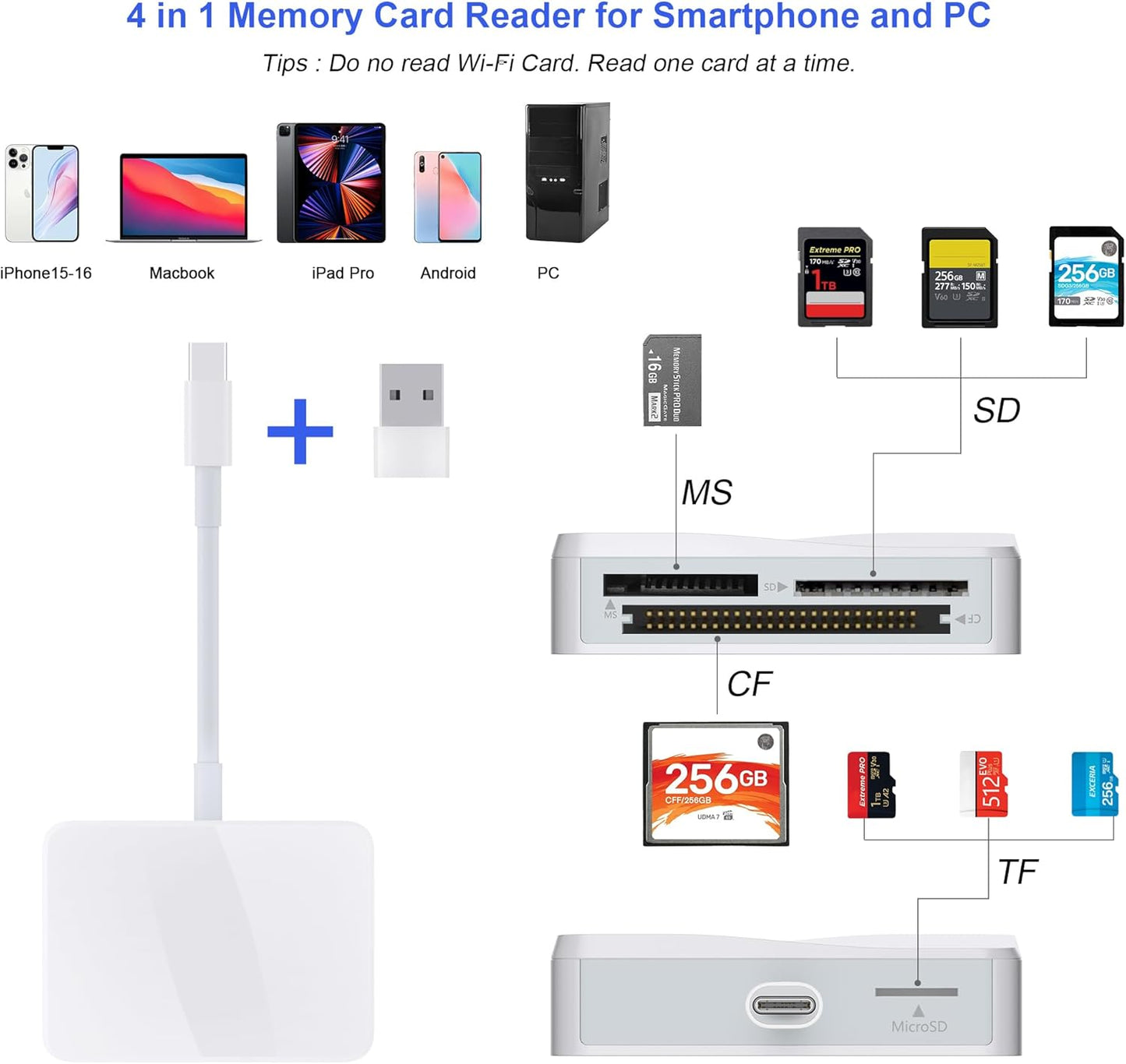 RRSITIAU 4 1 17/16/15 M4/M3/M2 SD Card Reader, in USB C to SD/TF/CF/MS Card Reader with USB to USB C Adapter Memroy