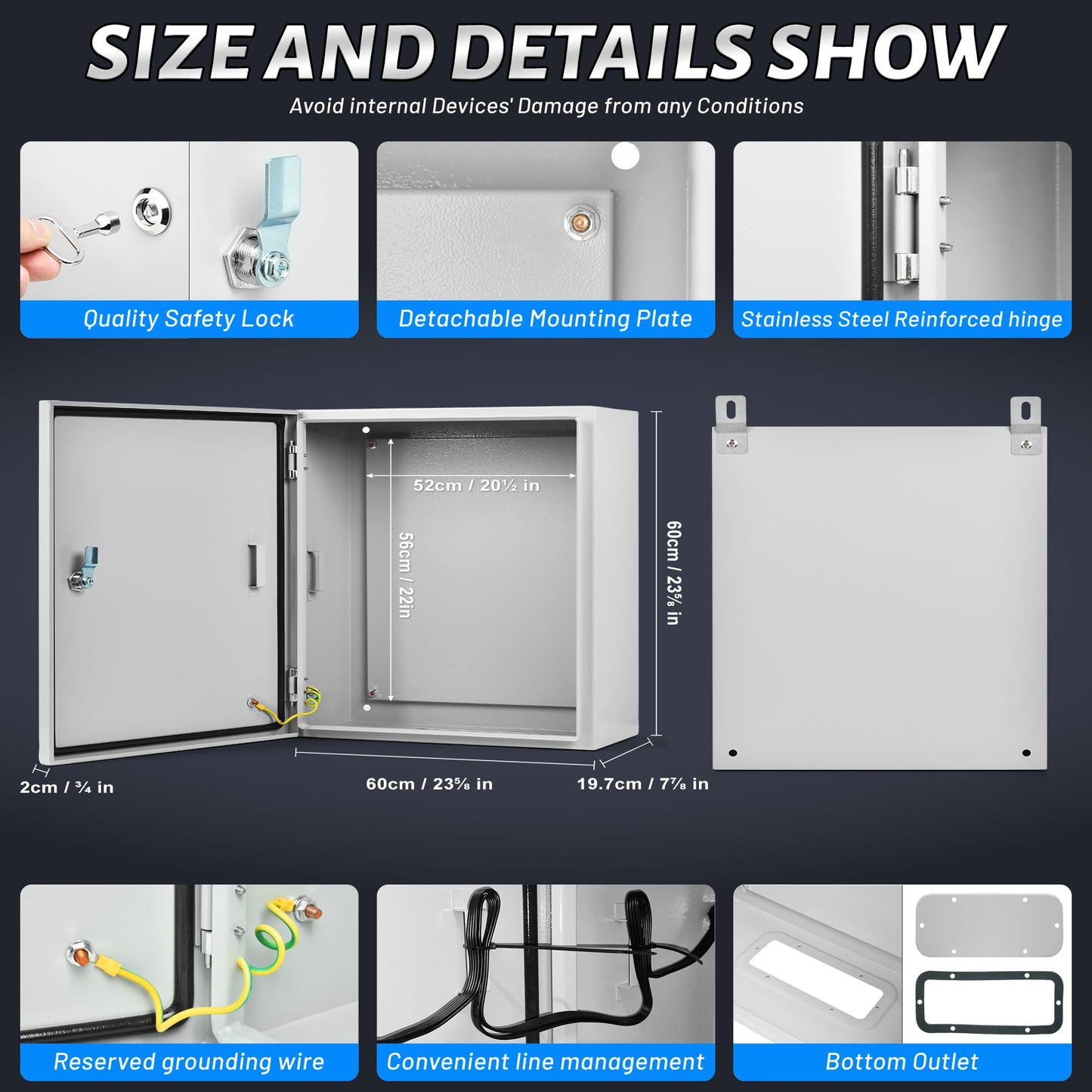 AUFUNIU Steel Electrical Junction Box, 24 x 24 x 8 Waterproof & Dustproof Electrical Enclosure, Outdoor & Indoor Universal Project Box with Lock & Mounting Plate