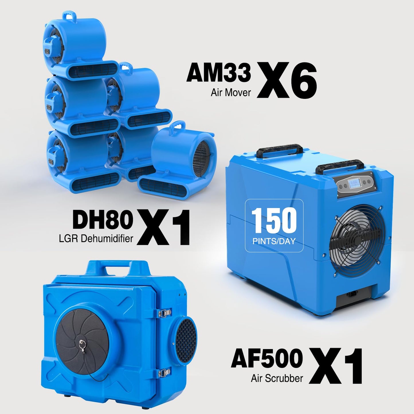 MOUNTO Restoration Equipment Bundle – 6× AM33 Air Movers, 1× DH80 Compact Dehumidifier, 1× HEPA 500 Air Scrubber – Complete Water Damage Restoration Package
