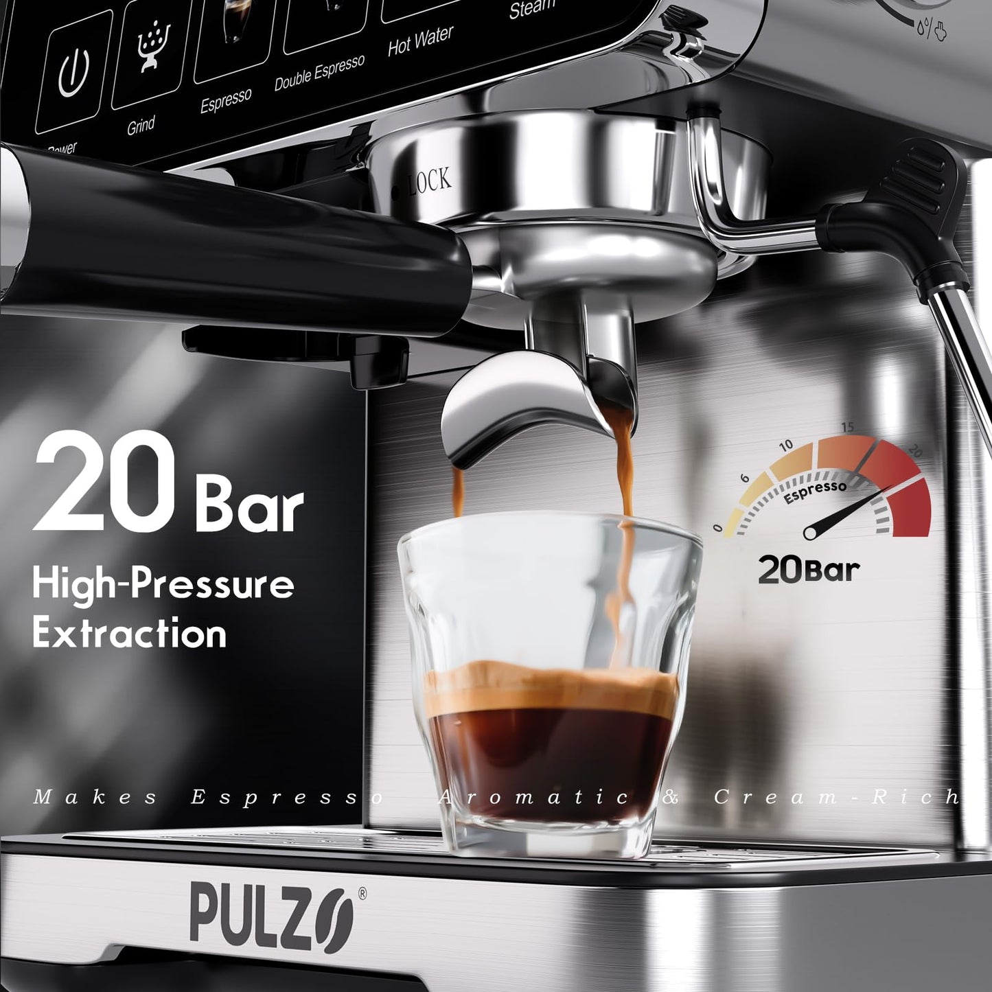 PULZO Espresso Machine with Grinder, 20 Bar Professional Coffee Machine with Milk Frother Steam Wand, All-in-One Stainless Steel Coffee Maker to Make Latte, Cappuccino, 67oz Detachable Water Tank